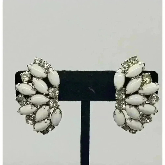 Vintage Earrings Clip White Milk Glass & Clear Rhinestones RARE Signed GALE - Picture 7 of 13